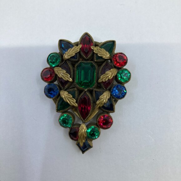 Vtg 1930-40 Czecho ? brass rhinestone dress clip brooch - Picture 1 of 3